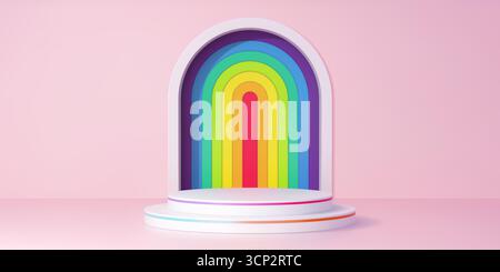 3. Podestbühne mit Regenbogenbogen. Realistischer Vektor runder Sockel oder Plattform auf einem weichen rosa Wandhintergrund mit buntem Bogen. Studio-Innenausstattung für Produktpräsentation und -Feier Stock Vektor