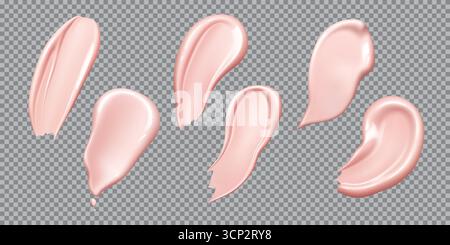 Realistische rosa Foundation Creme und Kosmetikmuster für Hautpflege und Make-up, Vektorabstriche Set. Pinke Creme-Farbstriche mit glänzender Textur für kosmetischen Concealer oder Hautgrundierung Stock Vektor