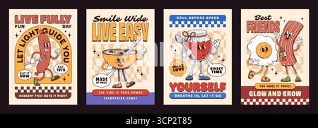 Frühstück Essen groovige Charaktere Poster mit niedlichen Frühstücks-Retro-Persönlichkeiten wie Würstchen, Müslischale, Marmeladenglas, Speck und Ei, die positive Botschaften über das vollkommene Leben, Selbstliebe und Freundschaft teilen Stock Vektor