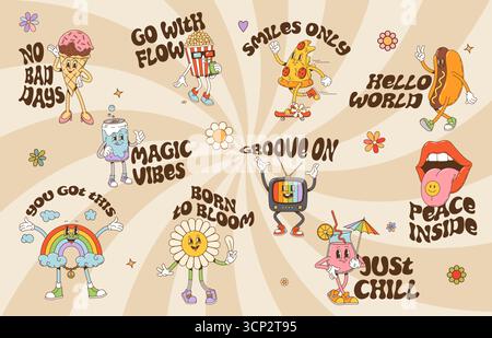 Lustige Hippie- und Y2K-groovige Aufkleber mit Zeichentrickfiguren, Vektor-Set. Groovige Aufkleber mit trippigem psychedelischen Regenbogen- und Gänseblümchenlächeln, Lippenkuss und funky Popcorn mit Hippie-Zitaten Stock Vektor