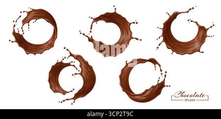 Runde Runde Runde Schokoladentränk Wellenspritzer Set. Realistische 3D-Vektor-flüssige Rundrahmen. Kakaomilch, geschmolzener Kakao oder Kaffeegetränk wirbeln. Isolierte Brown Choco Dessert Welle, Ströme mit Spritzern Stock Vektor