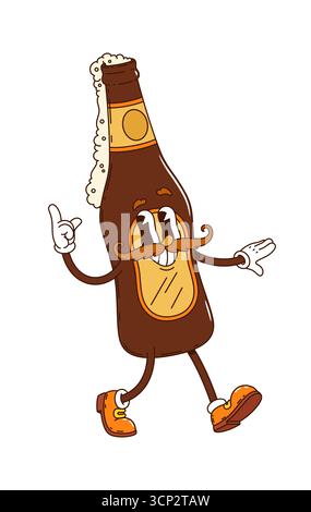 Cartoon-groovige Bierflaschengetränk-Figur. Isolierte Vektor-Funky-Flaschenfigur mit Vintage-Schnurrbärten, Groove-Augen und einem breiten Grinsen, fröhlich gehendem, Retro-Vibes und entspanntem Charme Stock Vektor