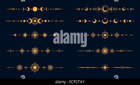 Mystische Himmelsteiler Grenzen mit esoterischen Zaubersymbolen, Vektorsatz. Goldene Trennwände mit Sonne, Mond und Sternen, mystische Himmelsdekorationen für esoterische Tarotrahmen oder heilige Geometrie Stock Vektor