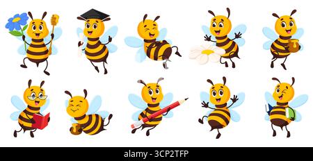 Zeichentrick-Honigbienen-Charaktere, süße Honigbienen-Tiermaskottchen. Entzückende Vektorinsekten mit Blumen, Büchern, Bleistiften und Honiggläsern, zeigen Emotionen und Aktivitäten, Persönlichkeiten für Kinderbücher oder Bienenhaus Stock Vektor