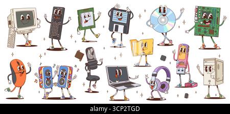 Cartoon-groovige Computerfiguren und technische Gadgets. Vektor-Desktop, Tastatur, Maus und Laptop. Diskette, cd oder dvd, Diskette, Mikrofon, Lautsprecher, Kopfhörer und Spiel, Konsole, Kartusche mit Prozessor Stock Vektor