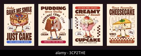 Poster mit groovigen Bäckerei- und Dessertfiguren. Vektor süße Süßigkeiten wie Kuchen, Pudding, Cupcake und Käsekuchen Retro Persönlichkeiten betonen köstliche Aromen, Glück und Vintage verspielten y2k Charme Stock Vektor