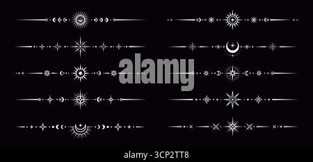 Silberner esoterischer himmlischer Teiler Grenzen mit magischen Symbolen von Sonne, Mond und Sternen, Vektoruntergang. Trennungsgrenzen mit himmlischem Ornament für Tarotrahmen, mystische Astrologie oder esoterische sakrale Geometrie Stock Vektor