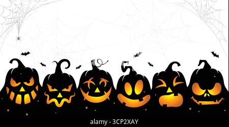 Happy Halloween Illustration mit leuchtenden Kürbissen, Spinnennetzen und Fledermäusen. Ideal für Grußkarten, Poster, Clipart und gespenstische Oktoberferien Stock Vektor