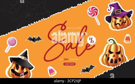 Halloween-Verkaufs-Banner-Vektor-Illustration mit Kürbissen, Süßigkeiten und Fledermäusen auf orangefarbenem Hintergrund Stock Vektor