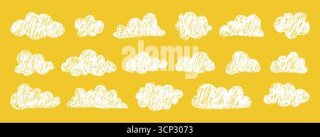 Minimalistische weiße Buntstift-Wolken. Einfache handgezeichnete Wetterkritzeleien für Scrapbooking oder Clipart. Vektorabbildung isoliert auf gelbem Hintergrund Stock Vektor