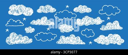 Buntstift gezeichnete Wolken. Moderne, naive Design-Ästhetik. Kindliche Textur. Hand gezeichnete Vektor-Stock-Kind-Buntstift-Illustration Stock Vektor