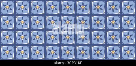 Handgezeichnetes nahtloses Muster mit Blumenfliesen in Blau und Gelb Stock Vektor