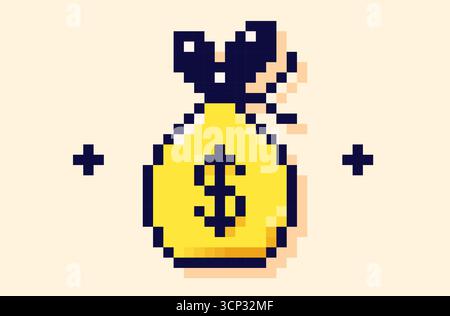 Y2K-Pixel-Benutzeroberflächenelement. Tasche voller Geld. Stock Vektor