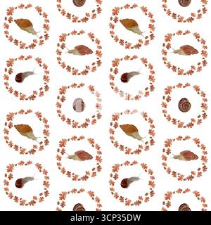 Schnecken in Herbstkränzen aus Eichenblättern und Eicheln auf weißem Hintergrund. Nahtloses Aquarellmuster perfekt für Stoffdrucke und Geschenkverpackungen Stockfoto