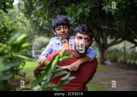 südasiatischer Vater und Sohn, die Huckepack reiten, während Sie durch üppige Obstgärten im Licht spazieren Stockfoto