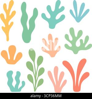 Cartoon Korallen- und Algenkollektion in Pastellfarben. Flache Meerespflanzen für Unterwasser- und Meeresmotive Stock Vektor