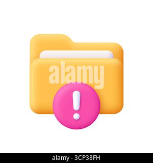 Gelber Ordner mit Dokumentdatei und Ausrufezeichen. Dateiverwaltung, Dateifehler, Warnung, Warnung, Benachrichtigungskonzept. Symbol für 3D-Vektor. Cartoon Mini Stock Vektor