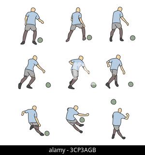 Stoppen Sie die Bewegung des Fußballspielers, der Illustration Vektor Hand mit schwarzen Linien getreten hat Stock Vektor