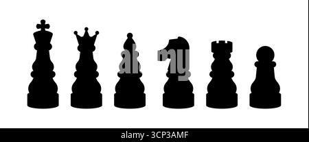 Schachfiguren-Silhouette-Set. Schwarze Schachfiguren, darunter König, Königin, Bischof, Ritter, Turm, und Bauern. Strategie und Brettspiel. Strategie, Taktik Stock Vektor