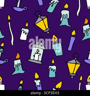 Doodle brennende schwebende Kerzen nahtloses Muster. Handgezeichneter Kerzenhalter, Lampe auf dunkelviolettem Hintergrund. Weihnachten, Weihnachten, Kirche, Halloween-Drippi Stock Vektor