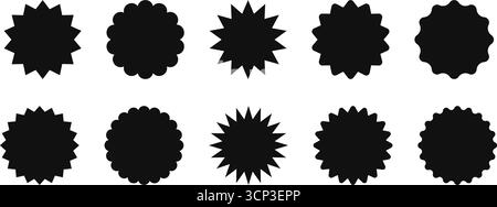 Aufkleber in Sternform. Runde Starburst-Abzeichen für Verkäufe und Rabatte. Set von Vektormarkierungen Design Elements Promo. Stock Vektor