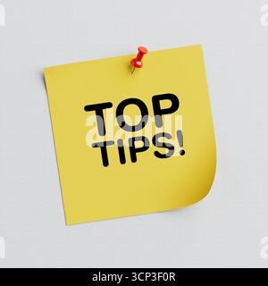 Erinnerungskonzept Und Beratungskonzept. Gelbe Haftnotiz Mit Text Der Oberen Tipps, Der An Weiße Wand Angeheftet Ist. 3D-Rendering Stockfoto