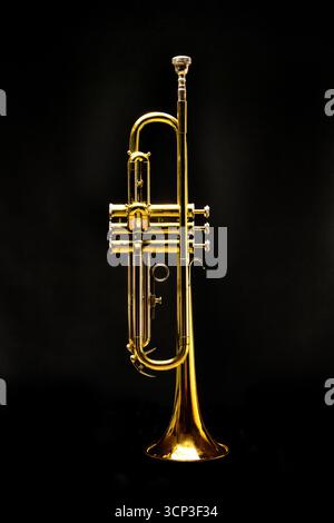 Messingtrompete auf schwarzem Hintergrund Stockfoto