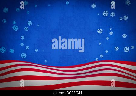 Weihnachtskonzept. Amerikanische Flagge Mit Roten Streifen Auf Blauem Hintergrund Verziert Mit Fallenden Schneeflocken Extreme Closeup. 3D-Rendering Stockfoto
