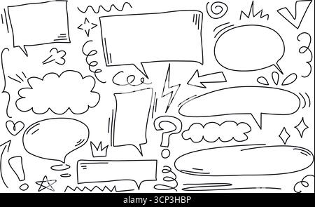 Handgezeichnete Doodle-Elemente - Stern, Pfeil, Krone, Wolke, Sprechblase, Hervorheben, Linien. Satz von Tintenskizzen mit niedlichen einfachen Symbolen und Scribbles für Stock Vektor