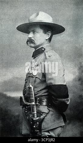 Porträt von Major Frederick Russell Burnham, ursprünglich von Elliott und Fry. Aufgenommen nach dem Tod von Königin Victoria und bevor er von König Eduard VII. Mit dem Kreuz der D.S.O., von einem gedruckten Foto, das William Heinemann 1926 in dem Buch „Pfadfinder auf zwei Kontinenten“ veröffentlichte, investiert wurde. Stockfoto