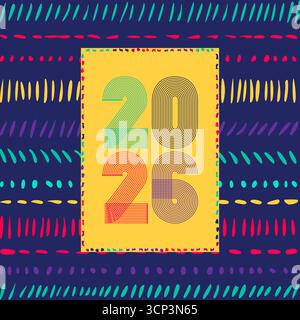 Retro-Cover mit vertikaler, farbenfroher 2026-Nummer auf gelbblauem Hintergrund mit geometrischen ethnischen Linien. Grafik-Design-Vektor-Illustration für frohes neues Jahr Stock Vektor