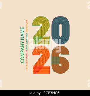 Retro-Cover mit farbenfroher 2026-Nummer auf beigefarbenem Hintergrund. Grafik Design Vektor Illustration für Banner Poster Flyer Symbol Zeichen Event Broschüre Stock Vektor