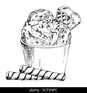 Cremige Eis- oder Sorbetkugelkugeln im umweltfreundlichen Papierbecher mit Waffelwaffelrolle. Vektorgrafik handgezeichnet in Stift und Tinte. Süß Stock Vektor