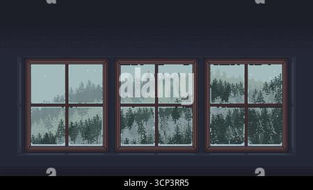 Vektor-Pixel-Kunst-Illustration eines schneebedeckten Waldes durch ein Fenster gesehen. Winterbäume und saisonale Atmosphäre im Retro-8-Bit-Stil. Stock Vektor