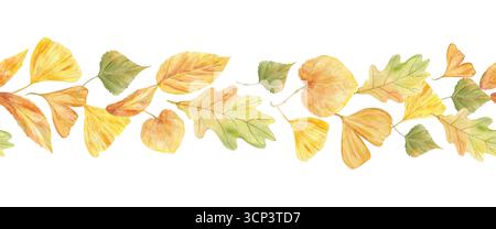 Aquarellfarben im Herbst hinterlässt nahtloses Banner auf isoliertem Hintergrund. Goldene und gelbe grüne Eiche, Aspen, Ginkgo, Linde, Pappel, Eschenblatt Stockfoto