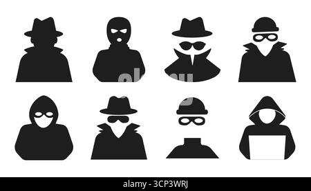 Inkognito stellt anonyme Banditen-Figuren-Silhouettensymbole, Hacker oder Betrüger mit verstecktem Gesicht, Hut, Bösewicht. Dieb, Krimineller, Räuber, einfaches Zeichen. . Vektorabbildung Stock Vektor
