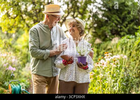Porträt eines glücklichen Seniorenpaares, das an einem sonnigen Tag im Garten steht Stockfoto