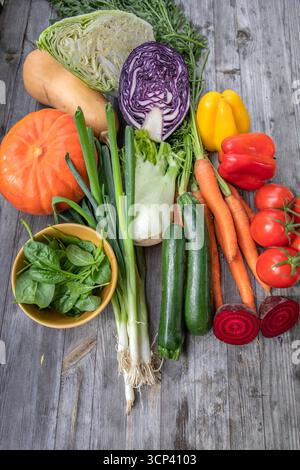 München, Deutschland 17. September 2025: Im Bild: Frisches Gemüse auf rustikalem Holztisch arrangiert. Sichtbar sind Spitzkohl, Rotkohl, Kürbis, Butternut, Lauchzwiebeln, Fenchel, Zucchini, Karotten, Rote Bete, Paprika in Gelb und Rot, Tomaten sowie eine Schale mit jungem Spinat. Die Vielfalt steht für gesunde Ernährung, regionale Produkte und saisonales Kochen. Bayern *** München, Deutschland 17. September 2025 auf dem Bild frisches Gemüse auf einem rustikalen Holztisch sichtbar sind Spitzkohl, Rotkohl, Kürbis, Butternut, Frühlingszwiebeln, Fenchel, Zucchini, Karotten, Rüben, gelb und rot Stockfoto