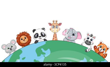 Niedliche Zeichentricktiere und der Planet Erde. Vektor-Illustration mit Koala, Löwe, Panda, Giraffe, Elefant, zebra, roter Panda und Globus auf weißem Hintergrund Stock Vektor