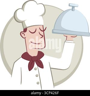 Illustration eines lächelnden jungen Küchenchefs, der ein überdachtes Tablett hält. Stock Vektor