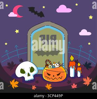 Eine gruselige Halloween-Friedhof-Szene voller bunter Süßigkeiten und festlicher Dekoration Stockfoto