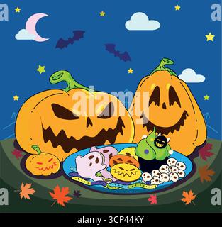 Machen Sie sich bereit für einige Spooky Halloween-Leckereien mit entzückenden Jackolanterns und verspielten Geistern Stock Vektor