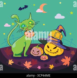 Eine entzückende und gruselige Illustration mit einer Halloween-Katze und leuchtenden Kürbissen Stock Vektor