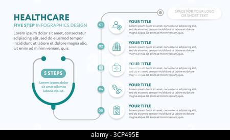 Medizinische Infografik-Vorlage mit Stethoskop - 5-stufige Illustration für Geschäftspräsentationsfolie mit Symbolen im flachen Stil - Vektorgrafik Stock Vektor