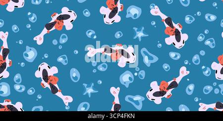 Nahtloses Koi-Fischmuster Koi-Fisch mit Wasserblasen im flachen Cartoonstil, nahtloses Muster für Hintergründe, Verpackung und Textildesign. Stock Vektor