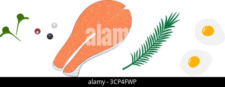 Lachs Steak gebratene Eier Kräuter und Gewürze Aufkleber Icon Piktogramm minimalistisches Design gesunde Lebensmittel Set. Isolierte Vektor-Illustration Aufkleber Symbol gesunde Lebensmittel Verwandte Inhalte Rezept Menü Karten, Flugblätter Stock Vektor