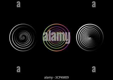 Abstrakte Spiralsymbole. Farbenfrohe geometrische Elemente. Moderne Vektorsymbole. Optisches Illusionsset. Stock Vektor