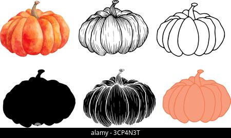 Ein Satz Herbstkürbisse in verschiedenen Stilen. Vektorillustration des Gemüses. Schwarze Grafiken, handgezeichnet im Doodle-Stil. Beeren Clipart für Stock Vektor
