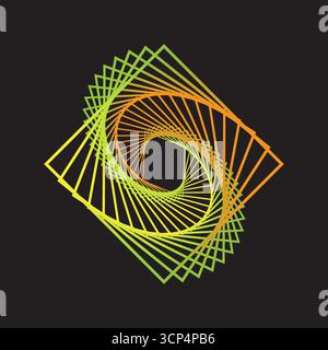 Abstrakte geometrische Spirale. Farbenfrohe optische Täuschung. Verdrehte Vektorkonstruktion. Grüne orangefarbene Abbildung. Stock Vektor