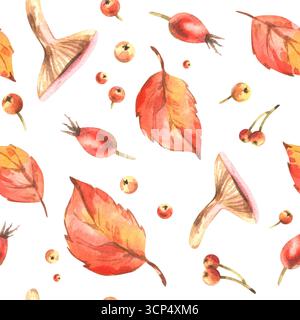 Nahtloses, handgemaltes Aquarellmuster mit Pilzen, Hüftrosen und Herbstblättern, das den Charme der saisonalen Walddekoration widerspiegelt Stockfoto